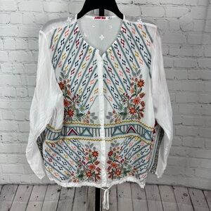 Johnny Was White Blouse with Colorful Embroidery